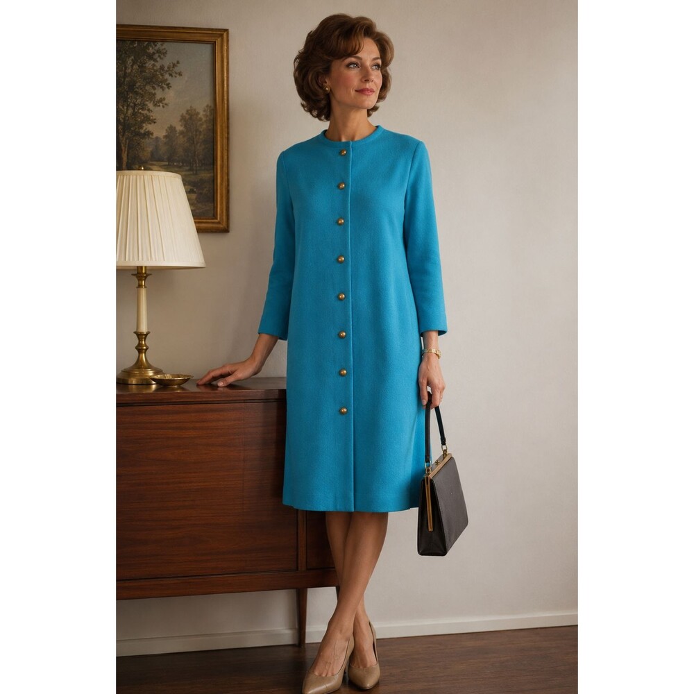 VTG Castleberry New York Blue Wool Acrylic Knit Long Cardigan Jacket USA Size 10